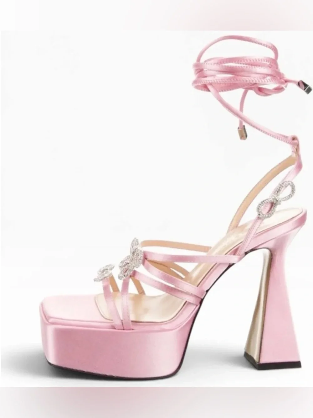 Mach & Mach Pink Satin Double Bow Crystal Embellished Platform Sandals size 38